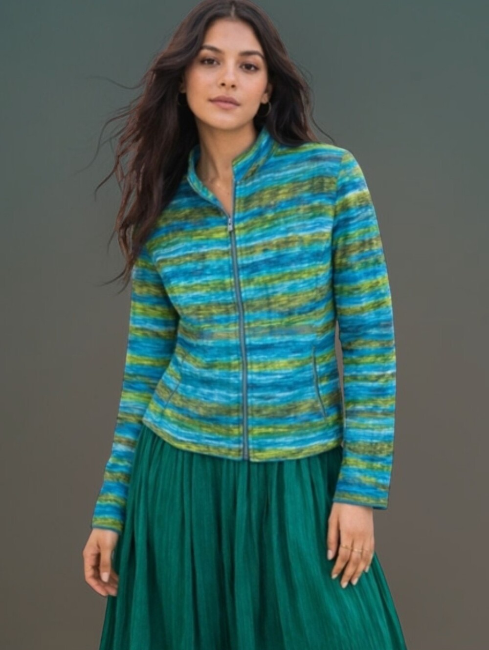 Crinkled Satin Zip Front Blazer Jacket Mermaid Coastal Blue Green Striped M